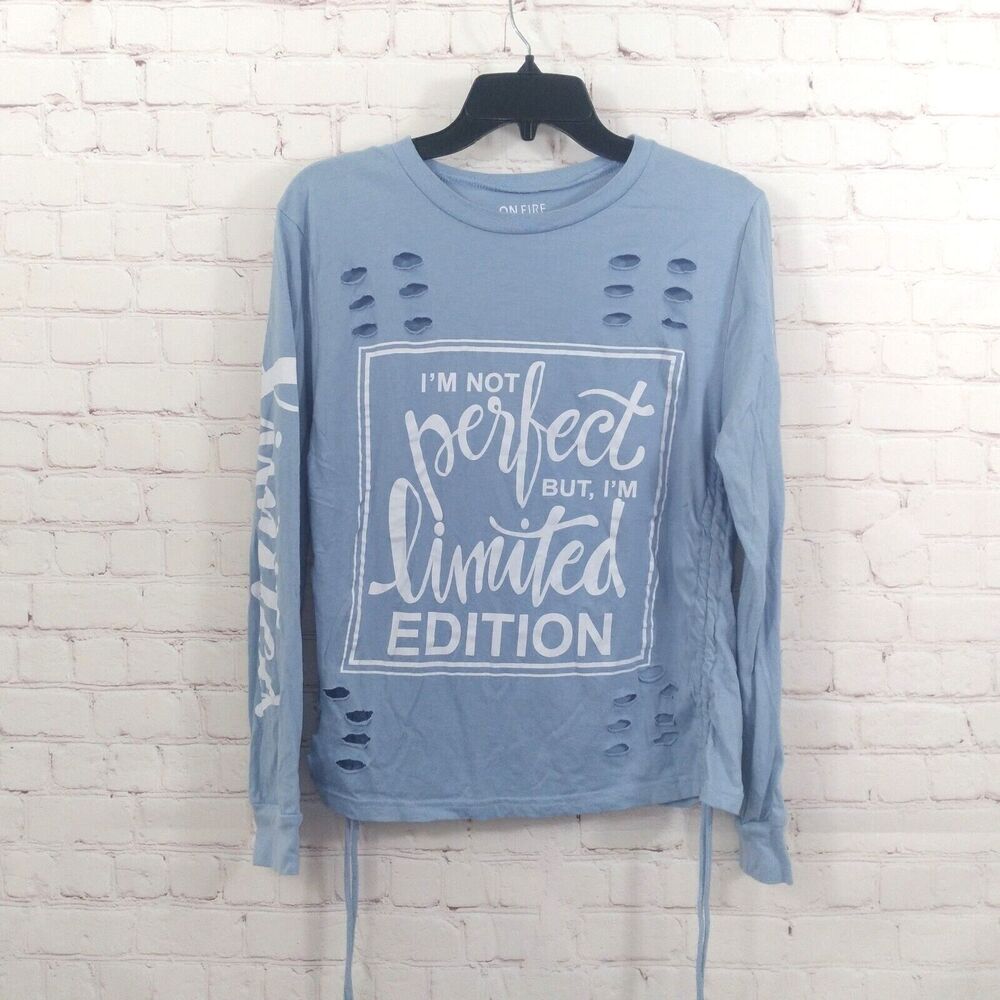 On Fire Top Womens XL Blue Distressed Long Sleeve Crew Neck Limited Edition